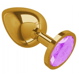 Золотистая большая анальная пробка с сиреневым кристаллом - 9,5 см.